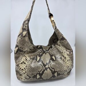 Michael Kors Gray Cream Python Snakeskin Pattern Hobo Tote Bag Purse